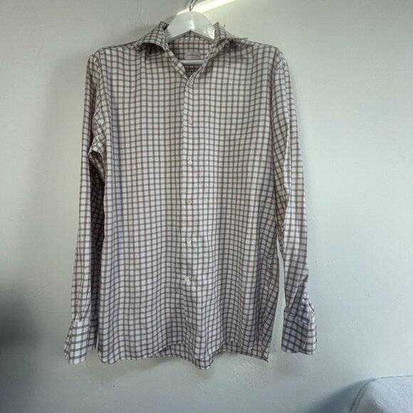Ermenegildo Zegna Mens Checked Long Sleeve Button-Up Shirt 43/17 Beige & White - Picture 1 of 7